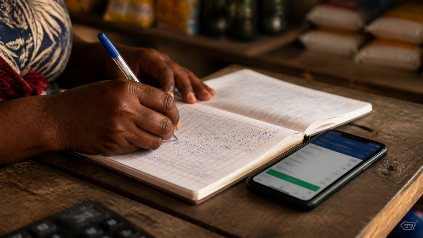 A merchant reviewing customer balances on a smartphone beside a notebook and calculator.