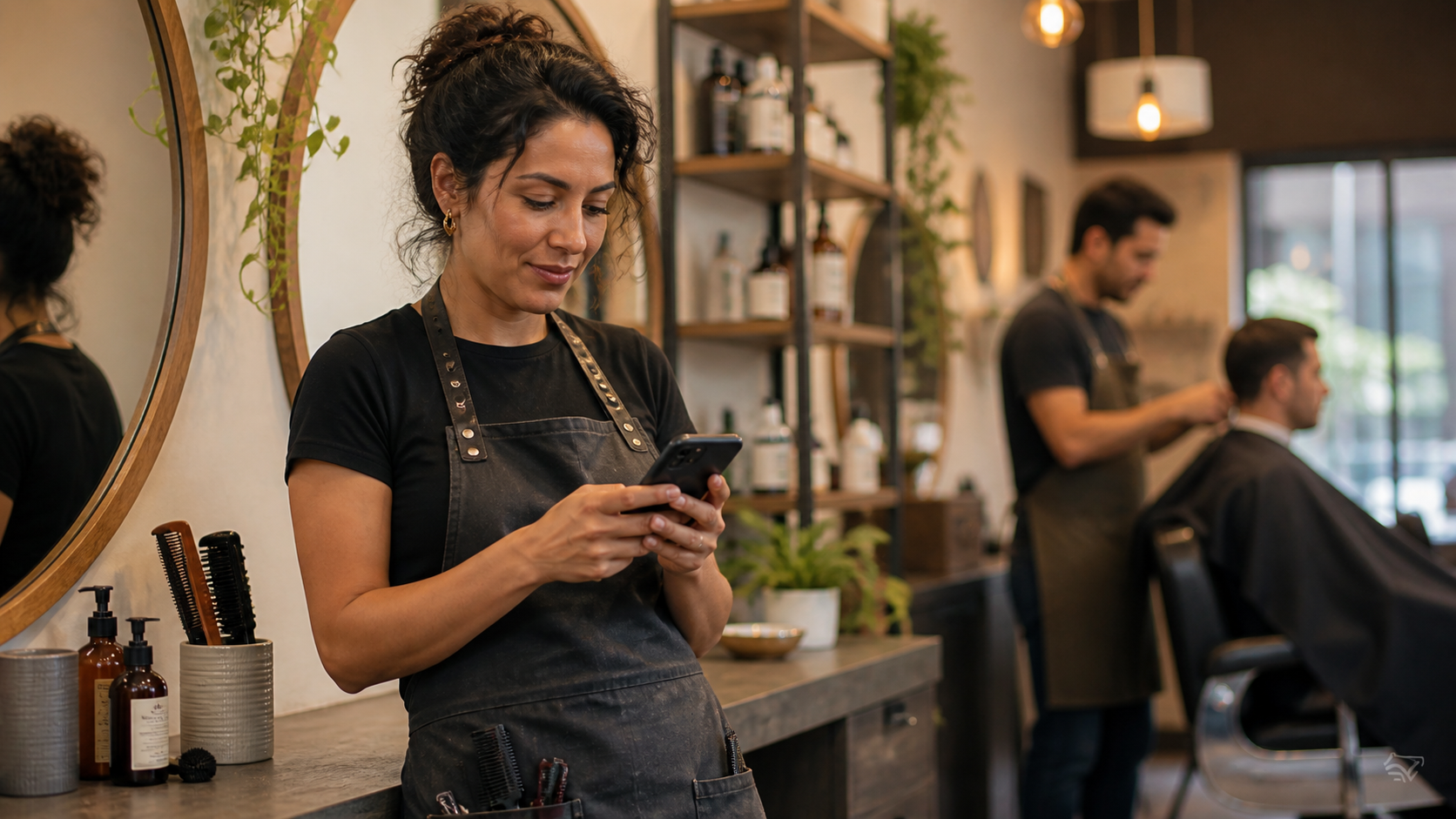 A salon owner checking customer notes on a smartphone while working at the station.